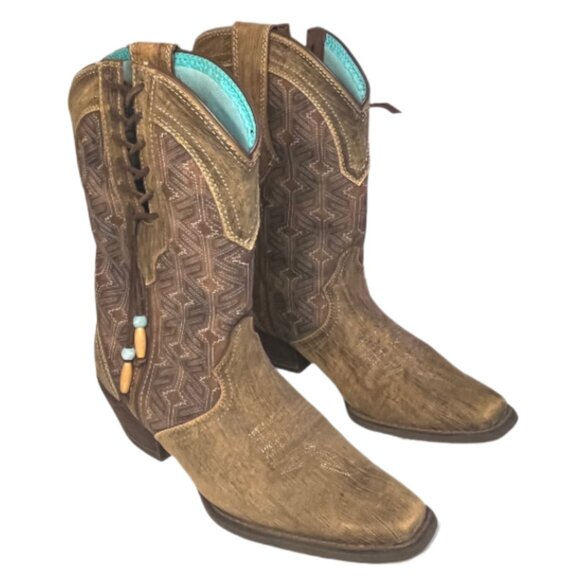 Durango Shoes - Durango Crush Driftwood Brown Leather Western Boots Lace-up Beaded Ties Size 8